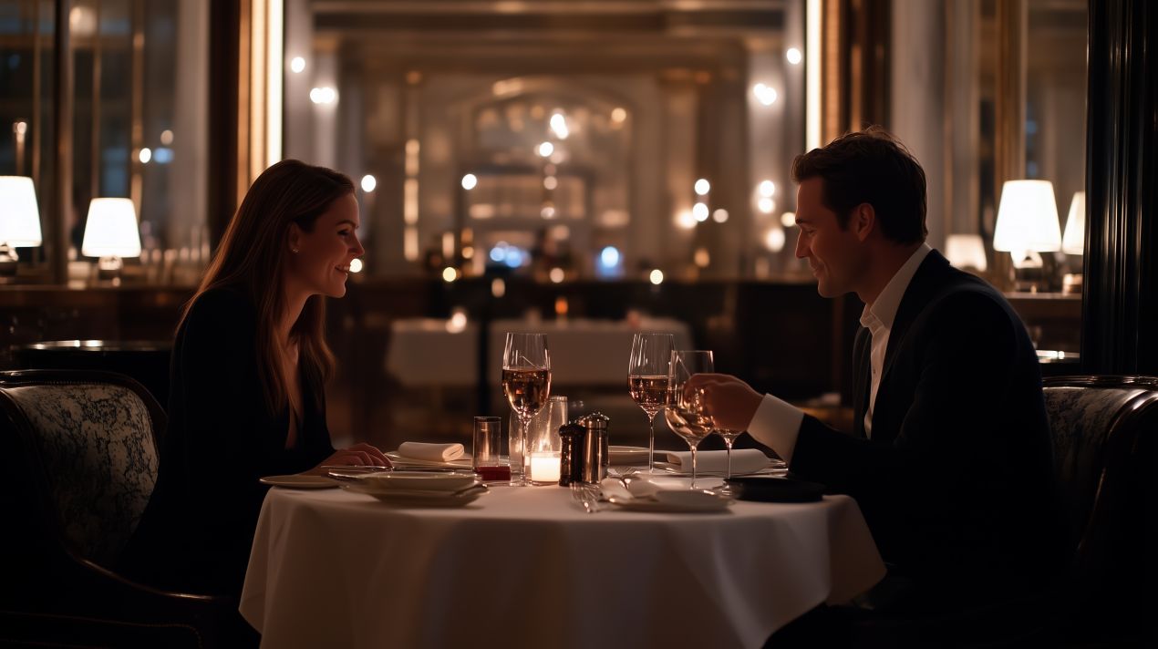 Paar bei einem romantischen Dinner in einem eleganten Restaurant – perfekte Atmosphäre für ein Treffen mit einem Escort in Köln
